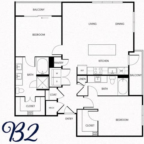 A floor plan of a B2 sized apartment.